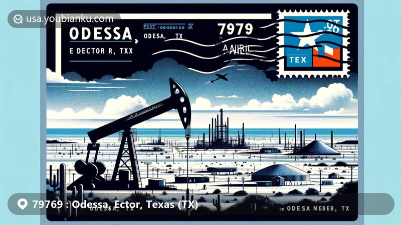 Modern illustration of Odessa, Ector, Texas, featuring postal theme with ZIP code 79769, highlighting the desert landscape, oil industry, cultural life, and natural wonders like the Odessa Meteor Crater.