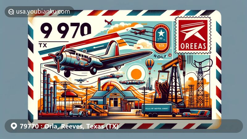 Modern illustration of Orla, Texas, in Reeves County, emphasizing ZIP code 79770 with aviation-themed envelope representing the town's oil industry history and economic revival.