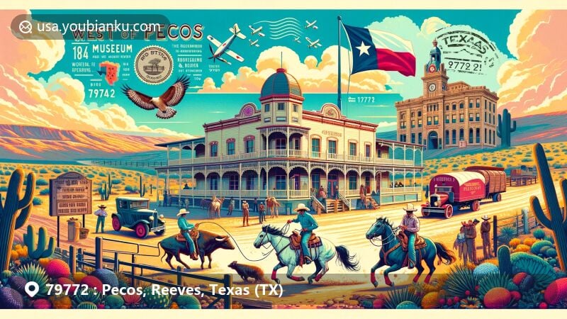 Contemporary illustration of Pecos, Texas, featuring West of the Pecos Museum, 1896 saloon, and Orient Hotel, showcasing Native American artifacts, rodeo, ranching, and railroad memorabilia, with cowboys in World's First Rodeo, desert landscape, Texas flag, airmail and postage stamp elements, and ZIP code '79772'.