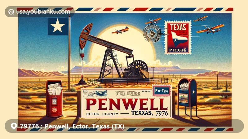 Modern illustration of Penwell, Texas, showcasing postal theme with ZIP code 79776, featuring vintage oil derrick, Texas flag, and red mailbox against West Texas backdrop.