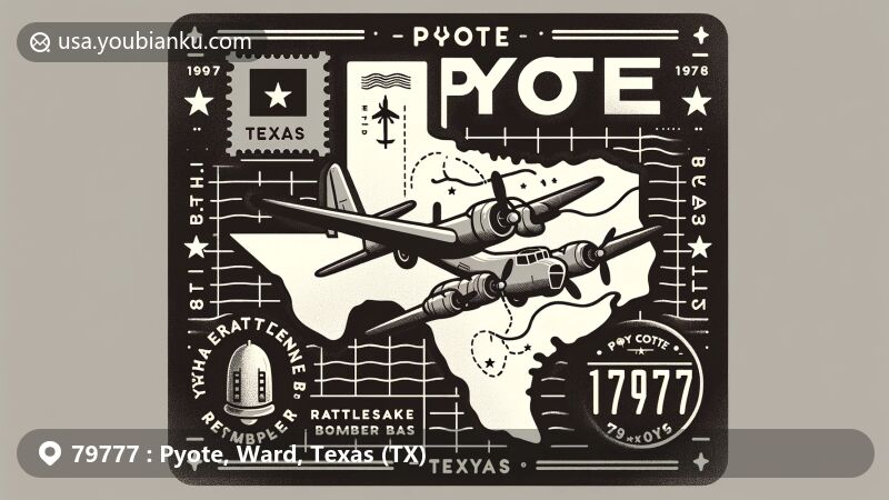 Illustration of Pyote, Texas, featuring the historic Rattlesnake Bomber Base in Ward County. The image showcases a unique blend of military history and natural beauty.