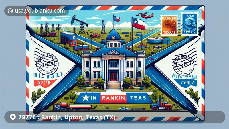 Modern illustration of Rankin Museum in Rankin, Texas, with air mail envelope design and Texas state flag, incorporating postal elements like stamps, postmarks, and ZIP Code 79778, showcasing Rankin's geographical and cultural significance.
