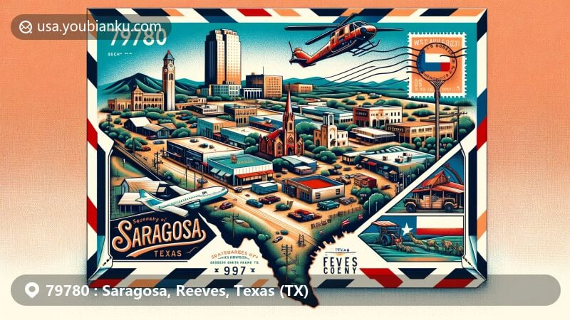 Modern illustration of Saragosa, Texas, capturing town's resilience post-1987 tornado, with features like State Highway 17, FM 1215, and Toyah Creek. Includes post office with ZIP code 79780 and Texas state flag.