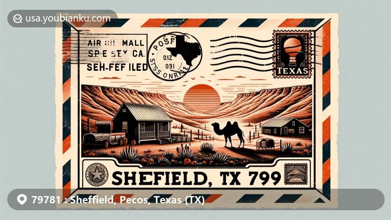 Modern illustration of Sheffield community in Pecos County, Texas, with ZIP code 79781, featuring vintage air mail envelope, postmark, antique postage stamp, local landscape, OST Courts, Old Spanish Trail nod, and Camel Corps silhouette.
