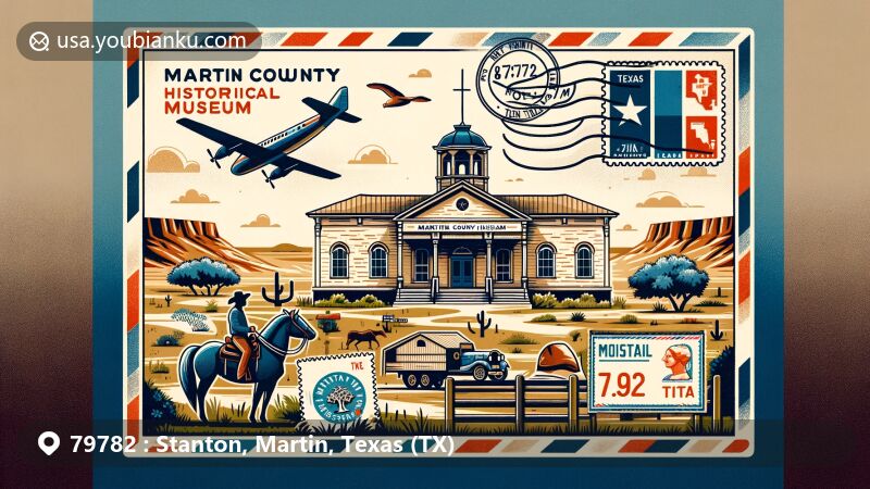 Modern illustration of Stanton, Martin County, Texas, featuring Martin County Historical Museum and postal elements with ZIP code 79782, highlighting cowboy culture and Texas symbols.