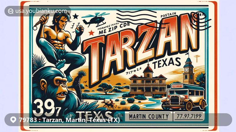 Modern illustration of Tarzan, Texas in ZIP code 79783, Martin County, featuring Edgar Rice Burroughs' adventurous spirit, local landmarks, and postal theme.