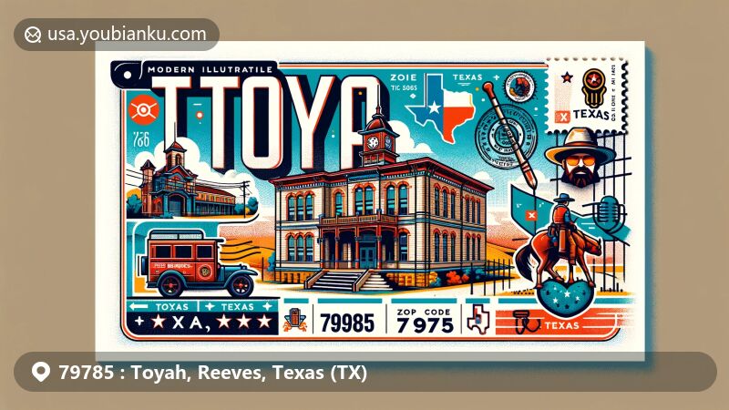 Modern illustration of Toyah, Reeves County, Texas (TX), featuring iconic buildings like the historic high school, Texas Rangers imagery, and U.S. postal elements with ZIP code 79785.
