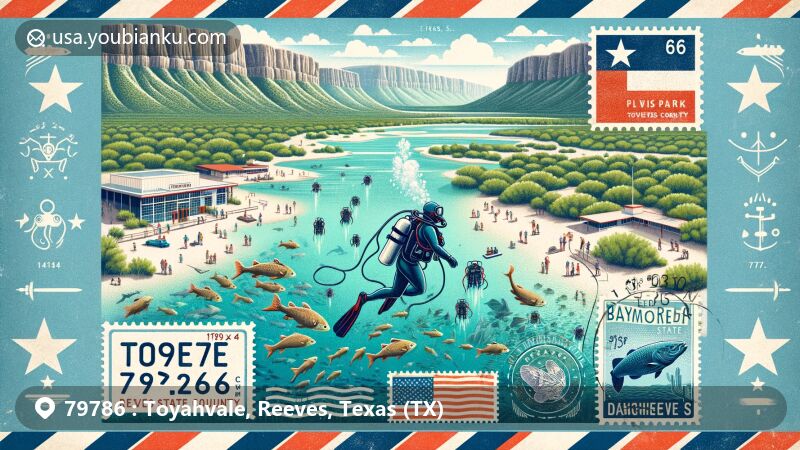 Modern illustration of Toyahvale, Reeves County, Texas, featuring Balmorhea State Park, clear spring-fed pool, fish, scuba divers, Davis Mountains, air mail envelope border, Texas state flag stamps, endangered species depiction, and ZIP code 79786.