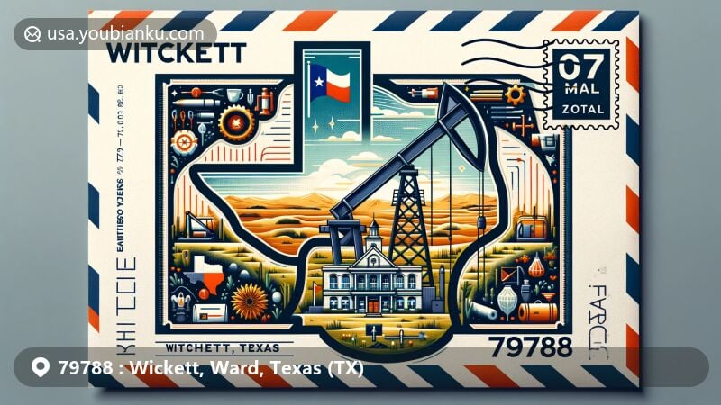 Modern illustration of Wickett, Texas, showcasing postal theme with ZIP code 79788, featuring historical oil industry symbols and educational elements, set against Texas landscape and state flag.