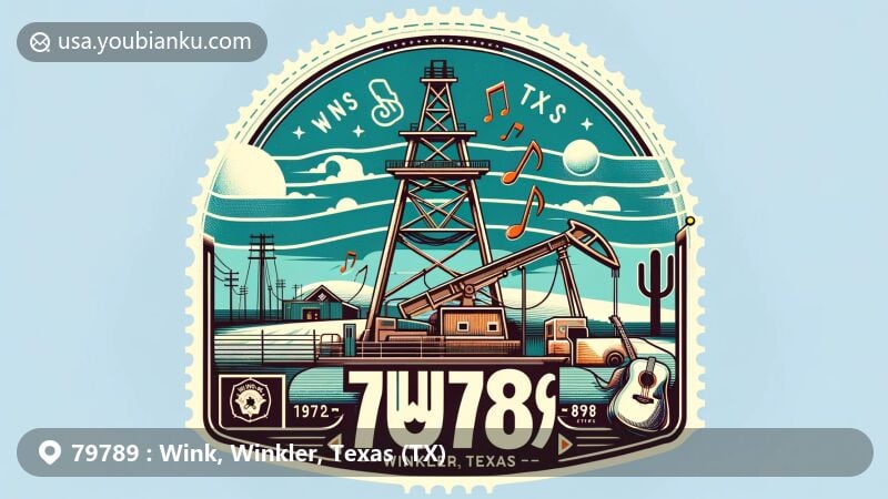 Modern illustration of Wink, Winkler County, Texas, capturing oil heritage and Roy Orbison's musical legacy, with vintage oil derrick and musical symbols, set against Texas landscape and postal elements, including ZIP code 79789.