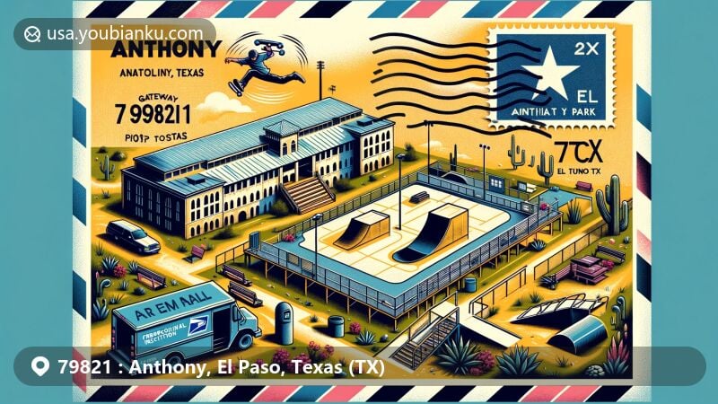 Modern illustration of Anthony, Texas, El Paso County, focusing on Anthony Municipal Park and Federal Correctional Institution, La Tuna. Flora of El Paso County featured in a postal-themed design with a Texas state flag stamp and postal icons.