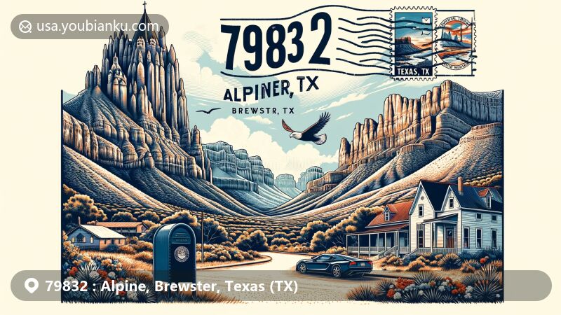 Modern illustration of Alpine, Brewster, Texas, showcasing scenic wonders like Santa Elena Canyon, Chisos Mountains, and Rio Grande, along with cultural icons such as Sul Ross State University and Big Bend National Park emblem.
