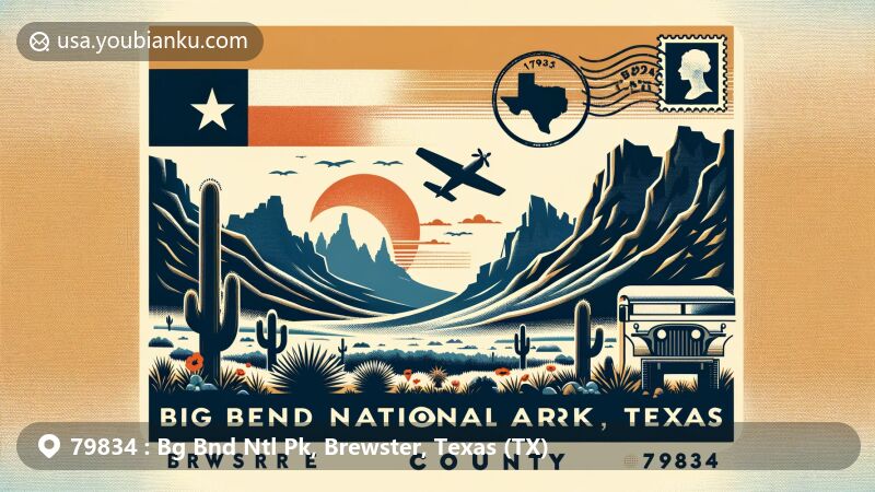 Modern illustration of Big Bend National Park and Brewster County, Texas, inspired by ZIP code 79834, showcasing vast deserts, mountain ranges, Texas state flag, and postal elements like airmail envelope and stamps.