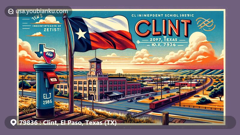 Vintage-style postcard illustration of Clint, Texas, featuring Clint Independent School District and Southern Pacific Railroad, symbolizing education and agricultural history.