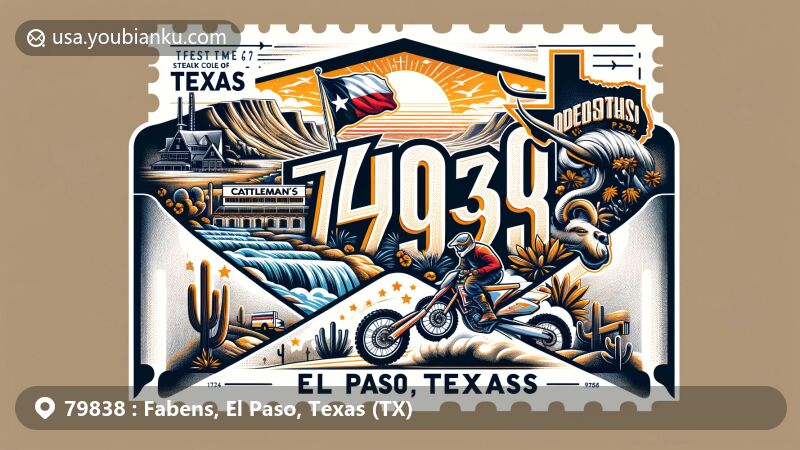 Modern illustration of Fabens, El Paso County, Texas, emphasizing postal theme with ZIP code 79838, showcasing Texas state symbols, Rio Grande river, desert scenery, and local landmarks like Cattleman's Steakhouse and San Felipe Park.