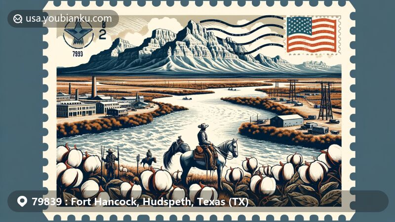 Modern illustration of Fort Hancock, Hudspeth County, Texas, capturing the essence of the area with the Rio Grande River, Camp Rice, Buffalo Soldiers' legacy, cotton farming, and chile pepper production, reminiscent of a vintage postcard with ZIP code 79839 and postal elements.