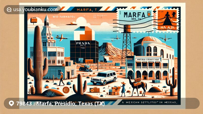 Modern illustration of Marfa, Texas, featuring Prada Marfa art installation, Presidio County Courthouse, and Mexican adobe constructions, embodying the town's cultural and historical essence.