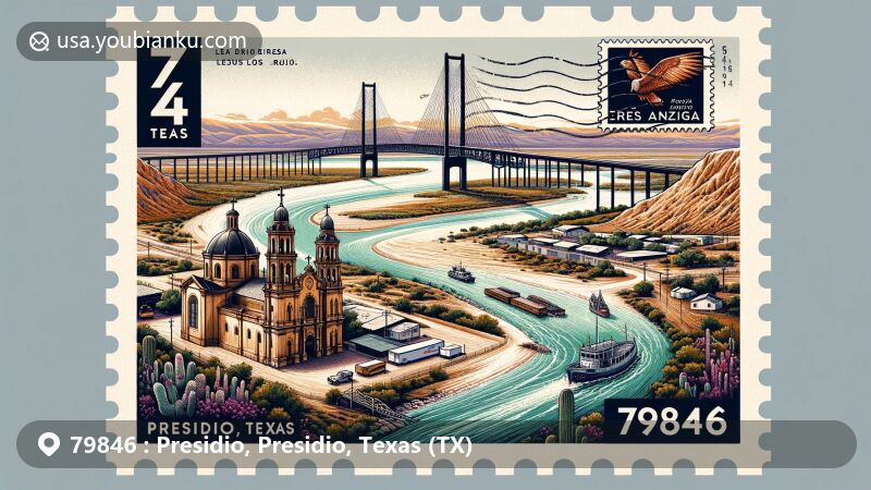 Modern illustration of Presidio, Texas, showcasing postal theme with ZIP code 79846, featuring the Presidio-Ojinaga International Bridge, 'La Junta de los Rios' merging point, and St. Teresa de Jesus de Avila Catholic Church.