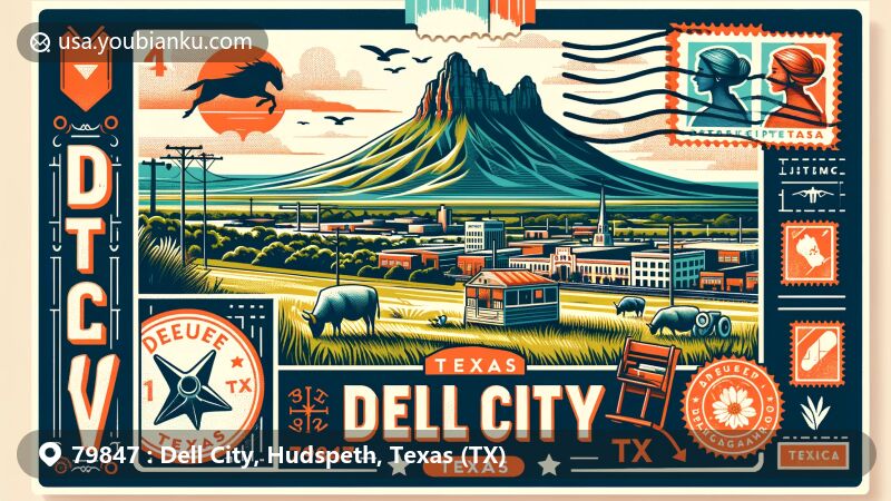 Modern illustration of Dell City, Texas, in Hudspeth County, with Guadalupe Peak in the background, featuring 'Dell City, TX 79847' postal theme and agricultural symbols, blending vibrant colors and rich details.