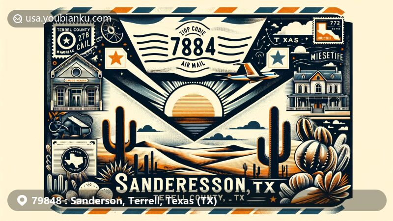 Modern illustration of Sanderson, Terrell County, Texas, featuring vintage air mail envelope with ZIP Code 79848, highlighted by cacti, sun, and Terrell County Memorial Museum in Victorian house.