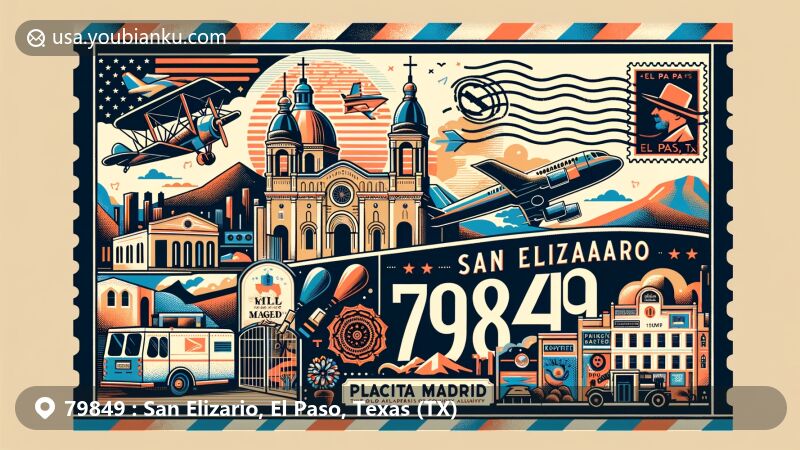 Modern illustration of San Elizario, TX, showcasing postal theme with ZIP code 79849, featuring San Elizario Historic District, San Elizario Chapel, Old El Paso County Jail, and Placita Madrid's local art scene.