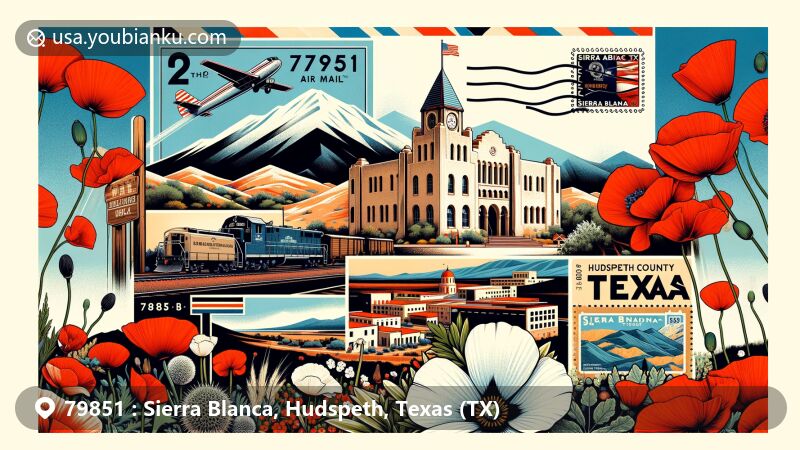 Creative illustration of Sierra Blanca, Texas, capturing its role in the transcontinental railroad history, showcasing the Hudspeth County Courthouse, white poppies, and the Sierra Blanca mountain range.