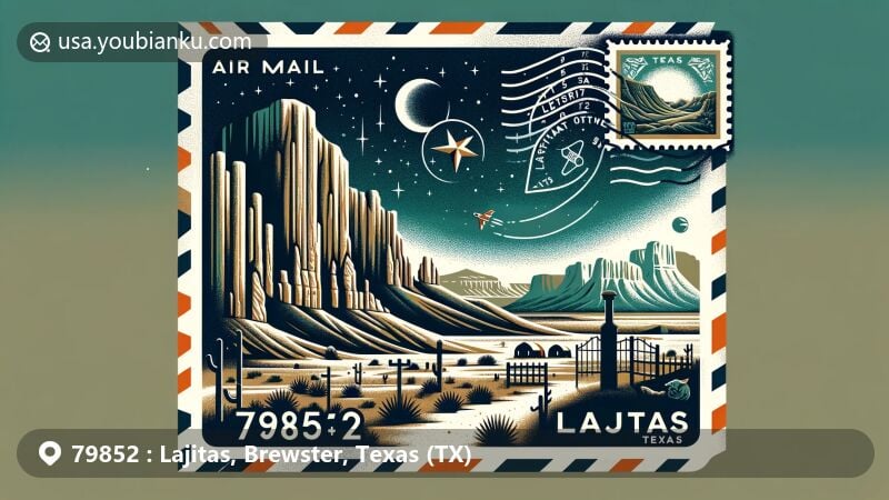 Modern illustration of Lajitas, Brewster County, Texas, featuring ZIP code 79852, showcasing desert landscapes of Big Bend National Park, Rio Grande, columnar basalt formations, and outdoor activities like hiking and stargazing.