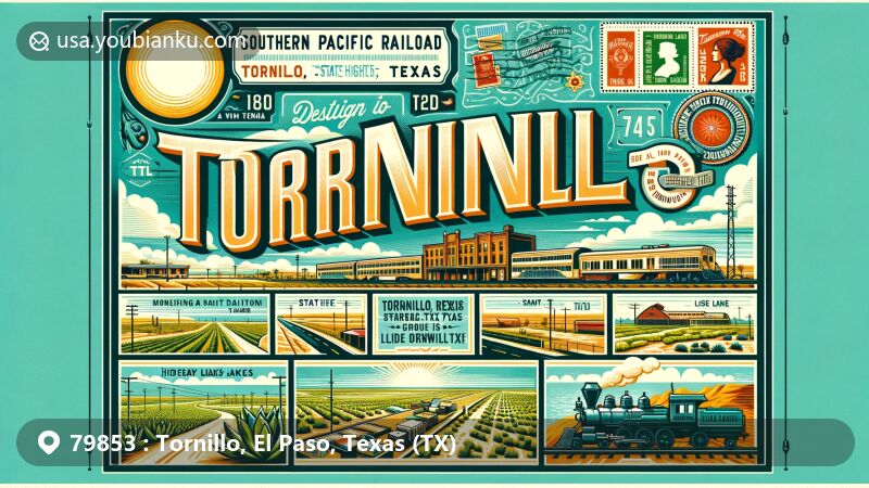 Vintage-style illustration of Tornillo, Texas, showcasing semi-arid climate, Southern Pacific Railroad, State Highway 20, and HideAway Lakes.