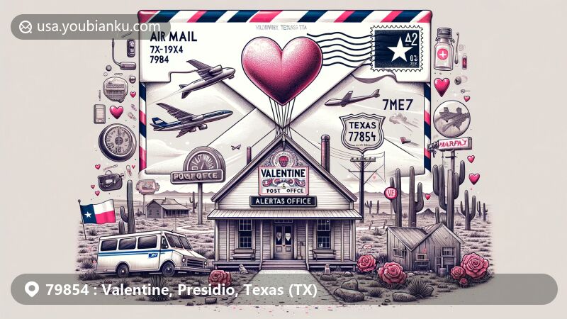 Modern illustration of Valentine, Texas, showcasing postal theme with ZIP code 79854, featuring Valentine post office, Prada Marfa art installation, and Texas state flag elements.