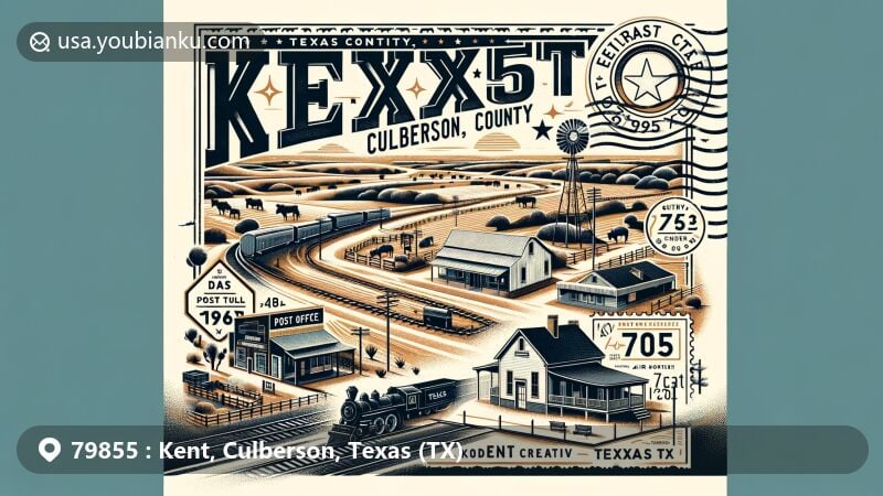 Modern illustration of Kent, Culberson County, Texas, showcasing postal theme with ZIP code 79855, featuring semi-desert landscape, cattle ranches, post office, general store, and railroad, with subtle inclusion of Texas state flag and vintage postal elements.