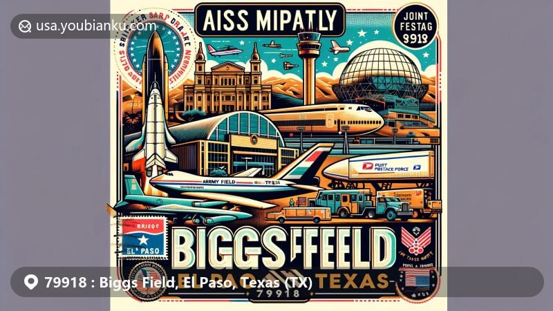 Modern illustration of Biggs Field, El Paso, Texas, emphasizing military significance and postal theme with ZIP code 79918, showcasing scenes of NASA Shuttle Carrier Aircraft, Joint Task Force North, and air traffic control tower.