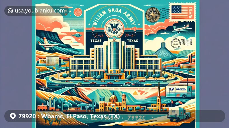 Modern illustration of El Paso, Texas, highlighting ZIP code 79920, featuring William Beaumont Army Medical Center and iconic landmarks like Scenic Drive, Hueco Tanks, El Paso Mission Trail, and Chamizal National Memorial.