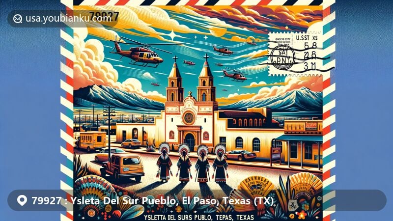 Modern illustration of Ysleta Del Sur Pueblo area, El Paso, Texas, celebrating the Tigua Indians' cultural heritage, including the historic Ysleta Mission and postal theme with ZIP code 79927.