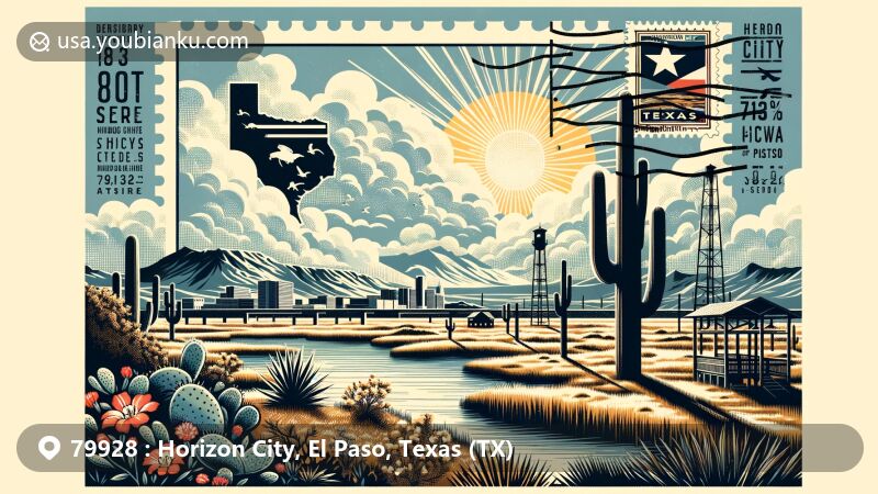 Modern illustration of Horizon City, Texas, featuring wide-open desert spaces, saguaro cacti, and Golden Eagle Park within a vintage postcard layout, showcasing ZIP code 79928 and Texas symbols.
