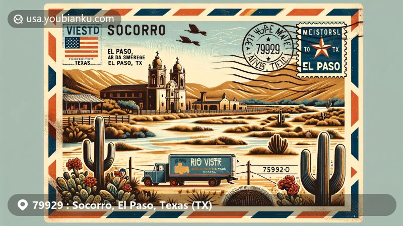 Modern illustration of Socorro, El Paso, Texas, presenting historical and natural landmarks within a vintage air mail envelope, including Socorro Mission, Rio Vista Farm, and Rio Bosque Wetlands Park, with Texas state flag stamps and desert-themed elements.