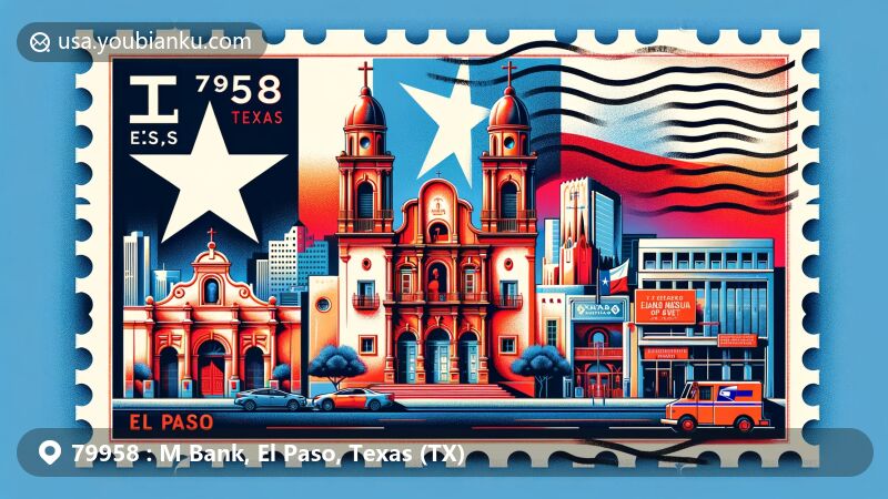 Modern illustration of El Paso, Texas, featuring Ysleta Mission, Socorro Mission, San Elizario Chapel, El Paso Museum of Art, and Downtown El Paso on a stylish airmail envelope with Texas state flag and postal elements, symbolizing the blend of American and Mexican cultures.