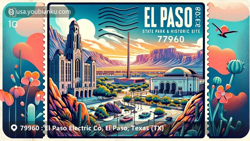 Colorful illustration of El Paso, Texas, featuring iconic landmarks like Hueco Tanks State Park & Historic Site, El Paso Scenic Drive, Plaza Theatre, and El Paso Museum of Art.