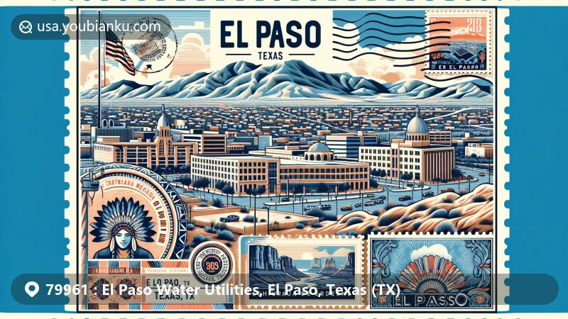 Modern illustration of El Paso, Texas, with landmark and postal elements, featuring Scenic Drive, El Paso Museum of Art, Centennial Museum, Chihuahuan Desert Gardens, vintage postcard layout, Hueco Tanks State Historic Site stamp, and 'El Paso, TX 79961' postmark.