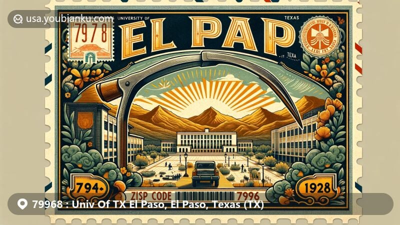 Modern illustration of the 79968 ZIP code area in El Paso, Texas, featuring University of Texas at El Paso (UTEP) with Bhutanese architecture, 'Mining Minds' pickaxe sculpture, Franklin Mountains with 'M' for Miners, and elements of postal communication.