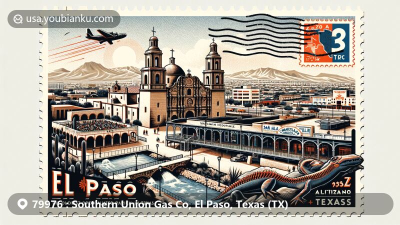 Modern illustration of El Paso, Texas, highlighting Ysleta Mission, Plaza Theatre, Chamizal National Memorial, and San Jacinto Plaza, with vintage postcard theme and postal elements like ZIP code '79976' and air mail border.