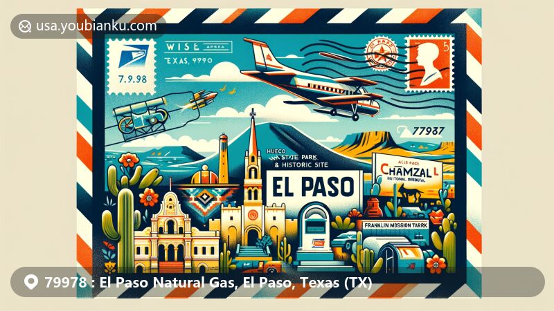 Modern illustration of El Paso, Texas, showcasing Chamizal National Memorial, Hueco Tanks State Park, El Paso Mission Trail, and Franklin Mountains State Park on a postcard with postal theme and ZIP code 79978.