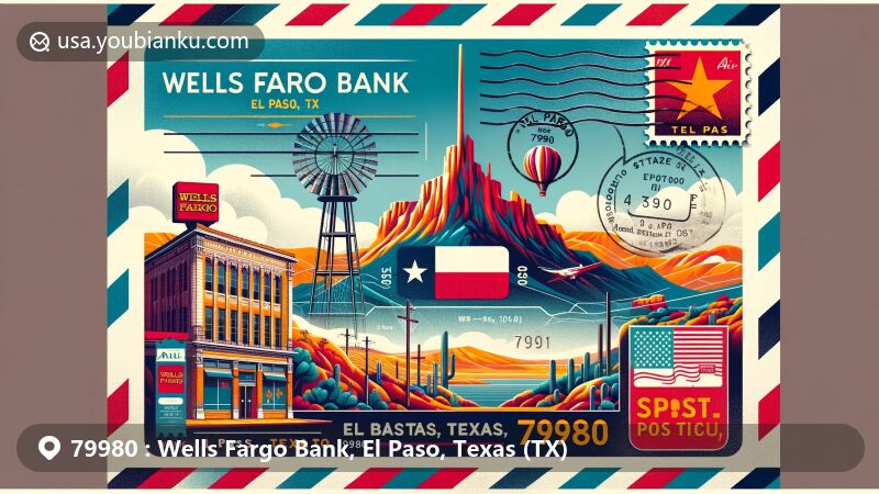 Creative illustration of Wells Fargo Bank, El Paso, Texas, in postcard style, with air mail elements, Texas flag, and iconic El Paso landmarks, highlighting ZIP Code 79980.