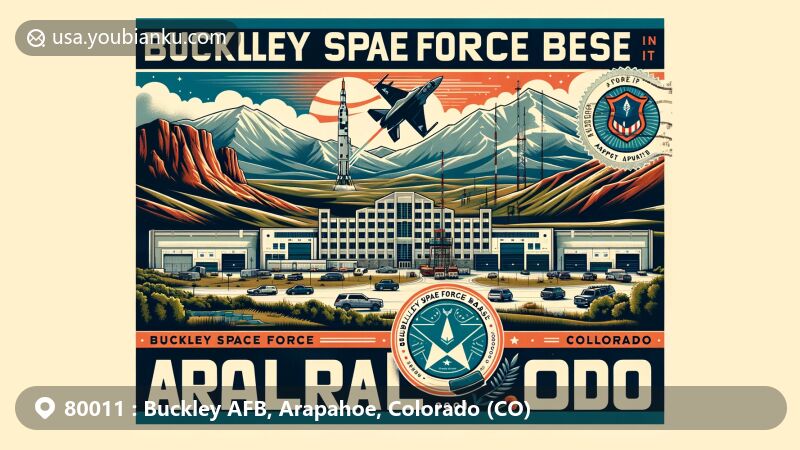 Modern illustration of Buckley Space Force Base in Arapahoe, Colorado, set against the Rocky Mountains, featuring local landscape elements, emblematic base symbols, and postal theme with ZIP code 80011.