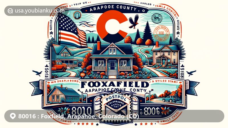Modern illustration of Foxfield, Arapahoe County, Colorado, highlighting ZIP code 80016, featuring Colorado state flag, Arapahoe County outline, residential icons, and vintage postal elements.