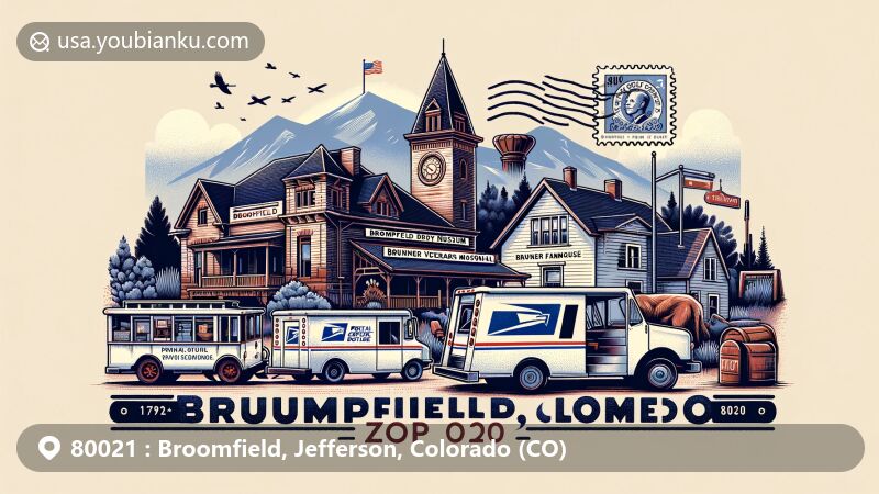 Modern illustration of Broomfield, Colorado, with Broomfield Depot Museum, Brunner Farmhouse, and Veterans Memorial Museum, featuring vintage postal stamp with ZIP code 80021, postal truck, and envelope, set against backdrop of Colorado mountains and Flatirons.