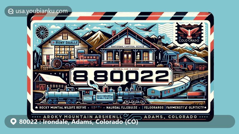 Modern illustration of Irondale area in Adams County, Colorado, highlighting ZIP Code 80022 with a postal theme and incorporating natural landscapes and historical elements.