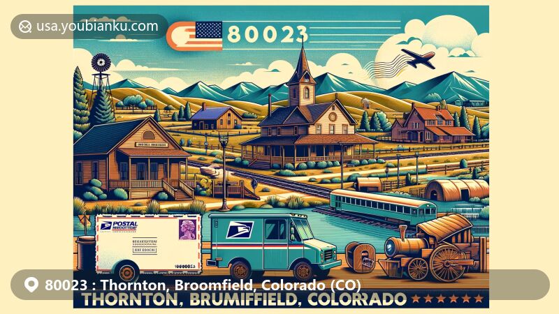 Modern illustration of Thornton and Broomfield, Colorado, highlighting historical landmarks like Broomfield Depot Museum and Brunner Farmhouse, with a postal theme featuring vintage postal elements and Colorado's iconic mountains. ZIP code 80023 intricately integrated into the design.