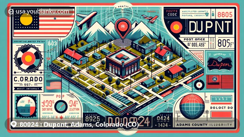 Modern illustration of Dupont, Adams County, Colorado, featuring postal theme with ZIP code 80024, showcasing aerial map and geographic details, vintage post office building, Colorado state flag, and Adams County outline.