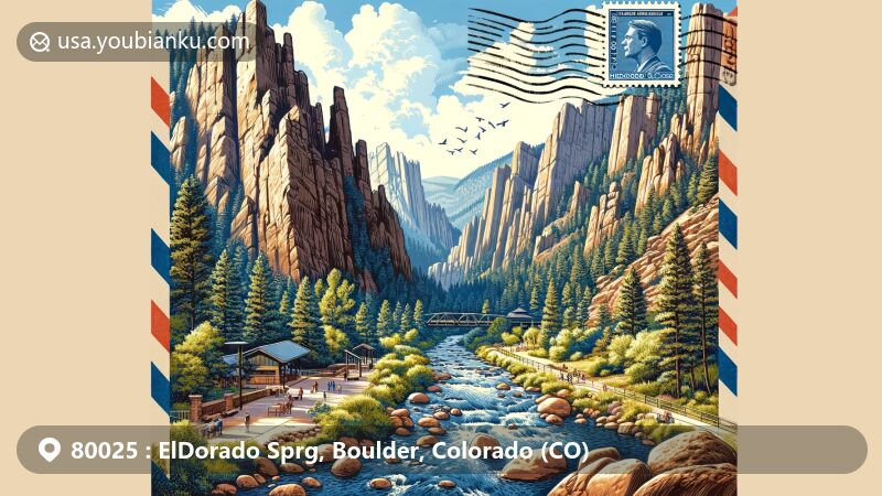 Modern illustration of Eldorado Canyon State Park, Boulder, Colorado, with sandstone cliffs, South Boulder Creek, climbers, and hikers, reflecting adventurous spirit and natural allure of Eldorado Springs.