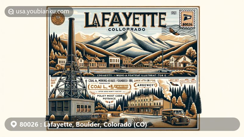 Modern illustration of Lafayette, Colorado, capturing its coal mining heritage, location at the Rocky Mountain Front Range, and postal theme with ZIP code 80026, featuring vintage postcard elements and symbols of postal tradition.